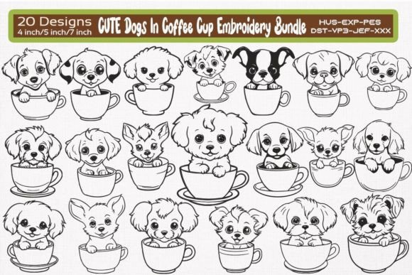 Cute Dog in Coffee Cup Embroidery Bundle